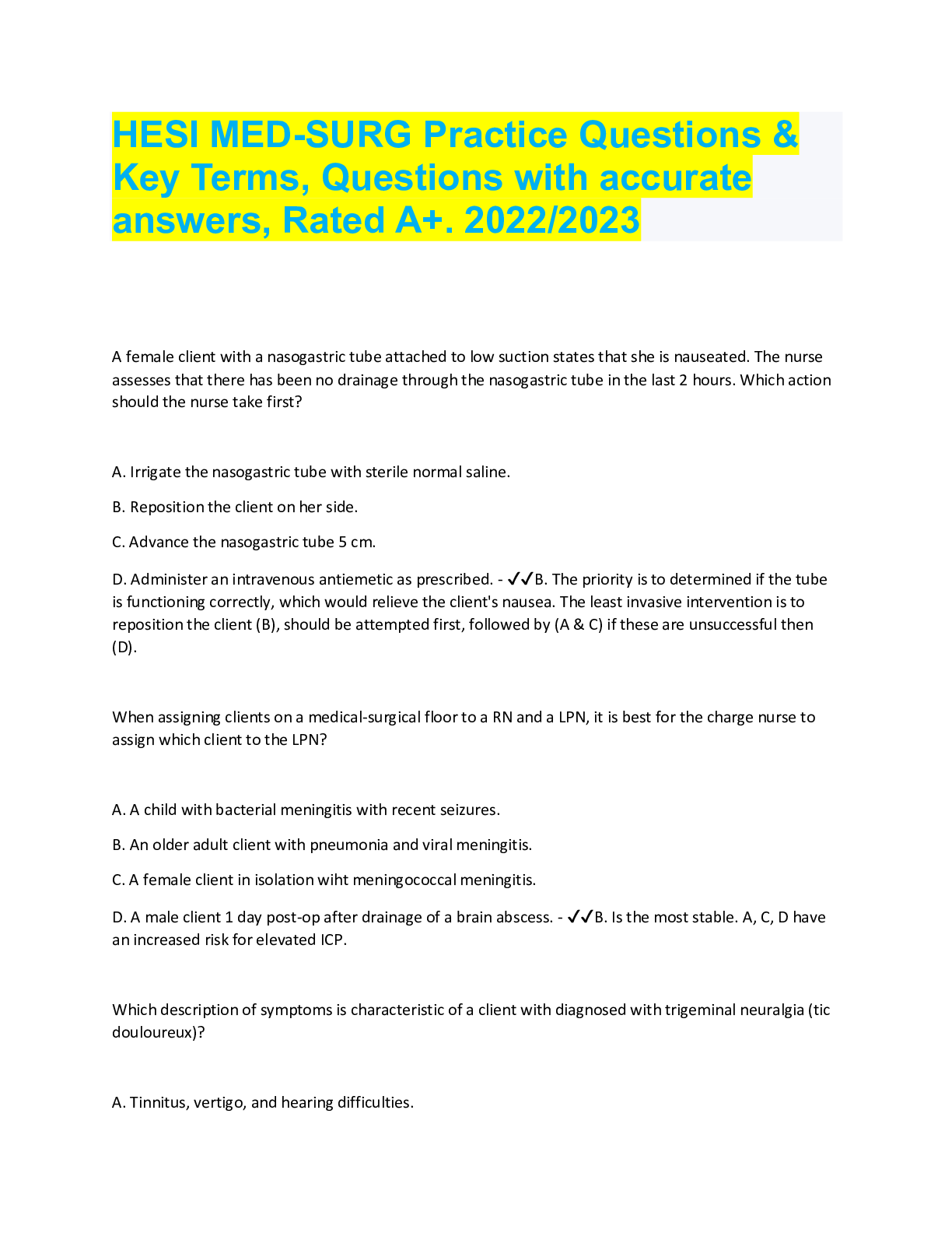 Preview image for HESI MED-SURG Practice Questions & Key Terms, Questions with accurate answers, Rated A+. 2022/2023